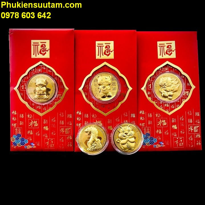 Combo 10 Bao Lì Xì Đồng Xu Con Cọp Cute Mạ Vàng, Quà tặng tiền lì xì độc lạ cho bạn bè và người thân nhân dịp năm mới 2022, kích thước 17x9x0.3cm, màu đỏ - TMT Collection - SP005484