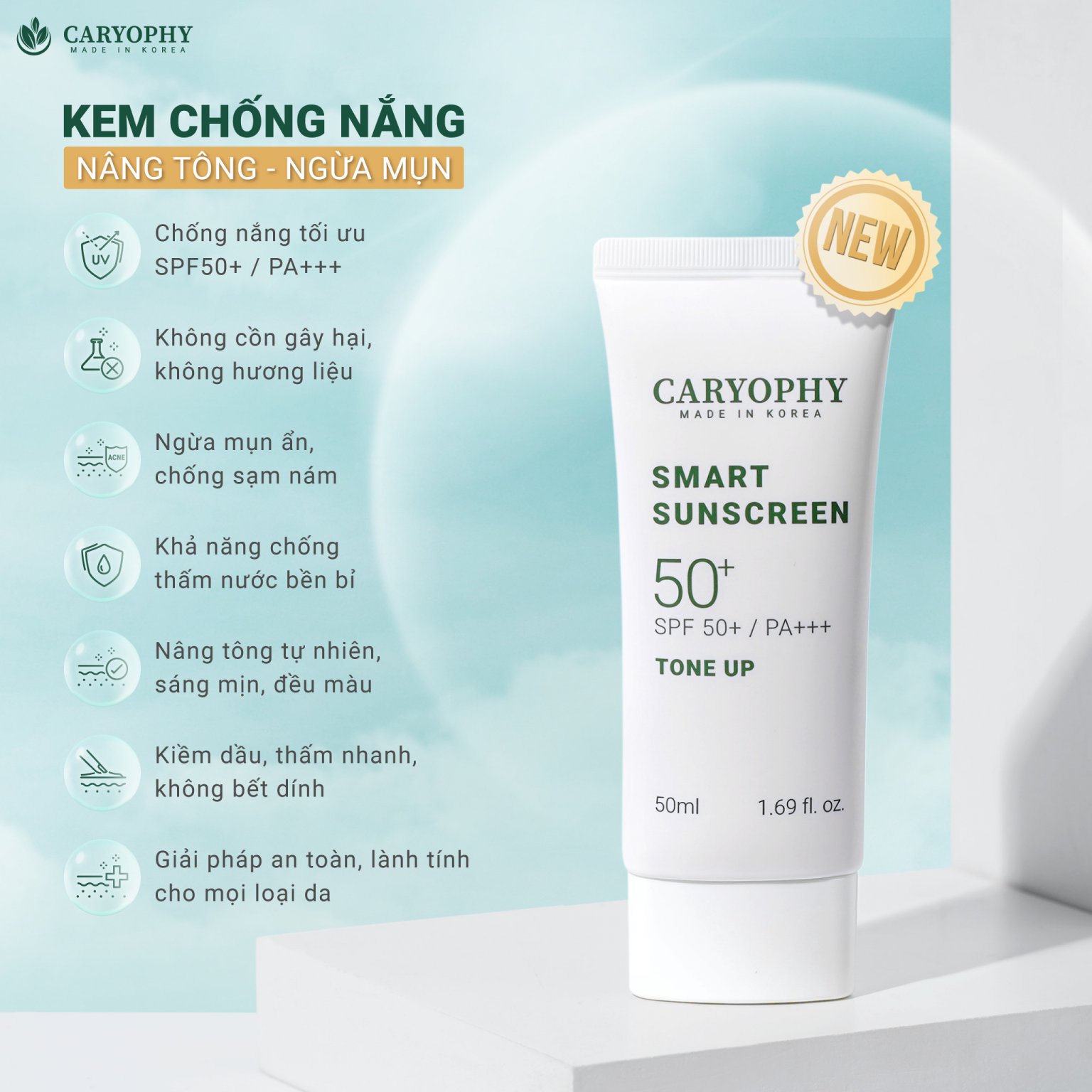 Kem chống nắng ngừa mụn nâng tone Caryophy Smart Tone-up Sunscreen CARYKCNNM