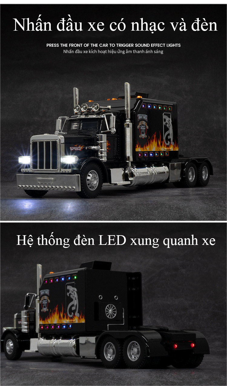 Đồ chơi mô hình xe đầu kéo kiểu Mỹ Heavy Truck bằng hợp kim có nhạc và đèn LED chạy xung quanh tỷ lệ 1:24