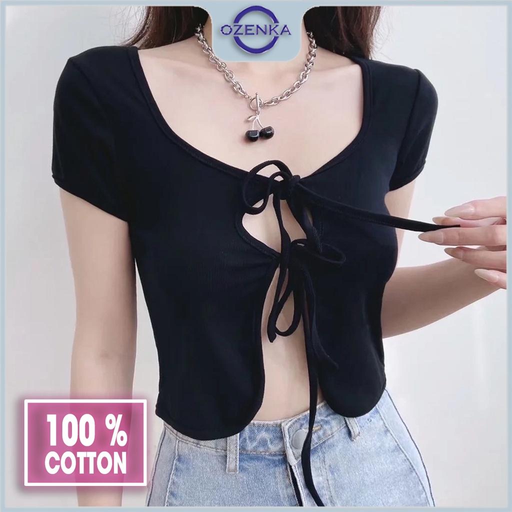 Áo croptop kiểu buộc dây gợi cảm cộc tay nữ OZENKA , áo crt ôm body sexy cotton màu đen trắng dưới 55 cân