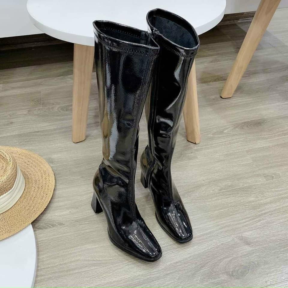 SẴN Boots Đùi Nữ Cao Cổ Da Bóng khóa sau dưới gối cao cấp hot 2021 Full box 7cm