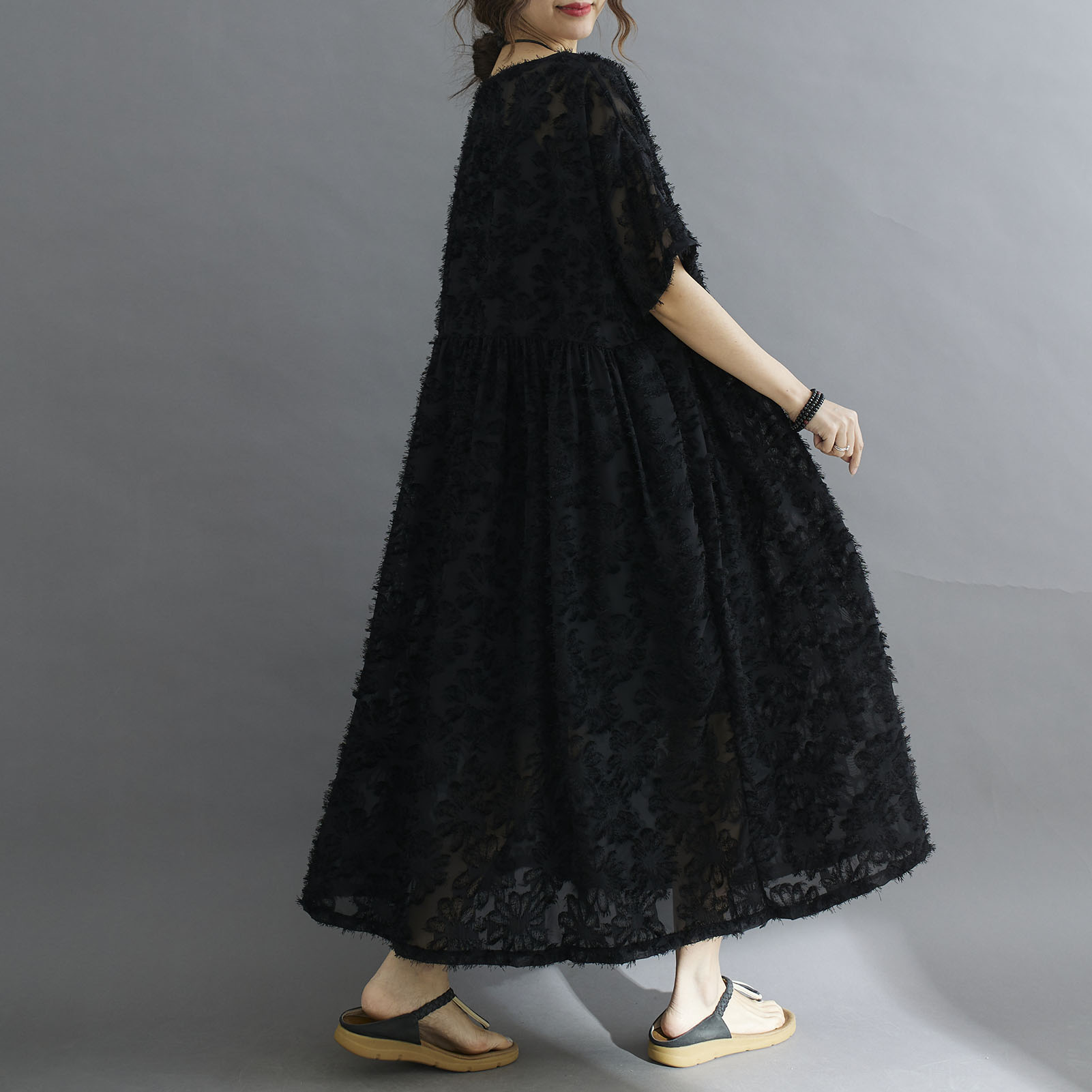 Women Floral Lace Dress Elegant Mid-Calf Loose O-Neck Short Sleeves Dress Plus Size