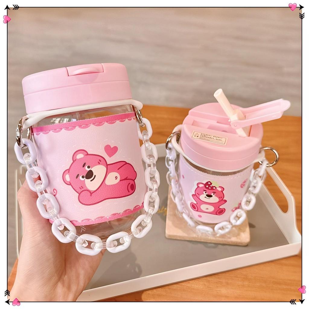 Bán Chạy Nhất Cốc Thủy Tinh Dễ Dàng Mang Theo Gấu Dâu Tây / Có Nắp Và Một Bao Da Cách Nhiệt / Với Dây Xích / Với Ống Hút