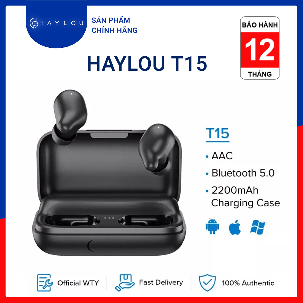 Tai Nghe True Wireless HAYLOU T15 - Tích Hợp Sạc Dự Phòng 2200mAh - Hàng Chính Hãng