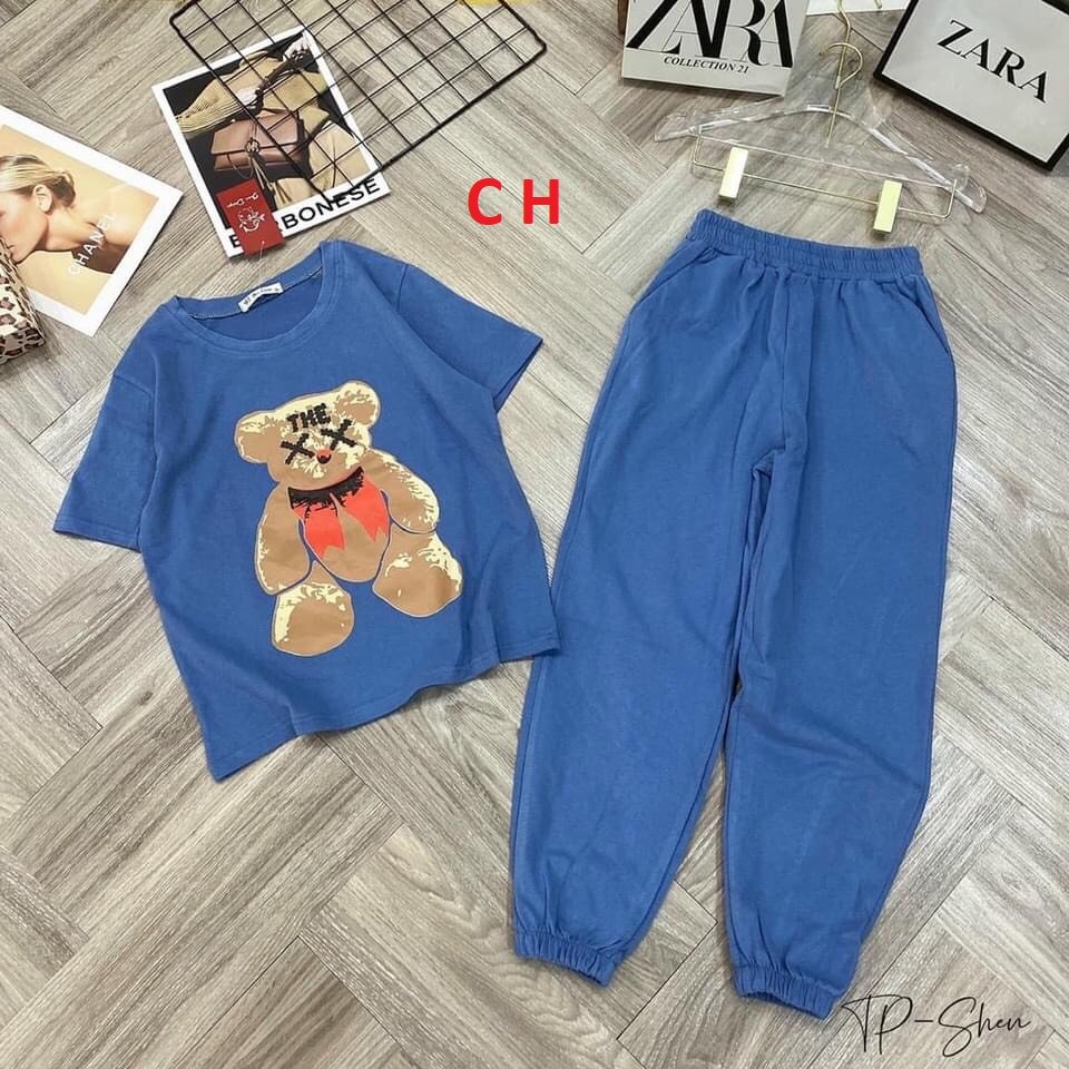 Bộ Đồ nữ, sét áo cộc tay hình gấu 5D và quần bom dài siêu đẹp