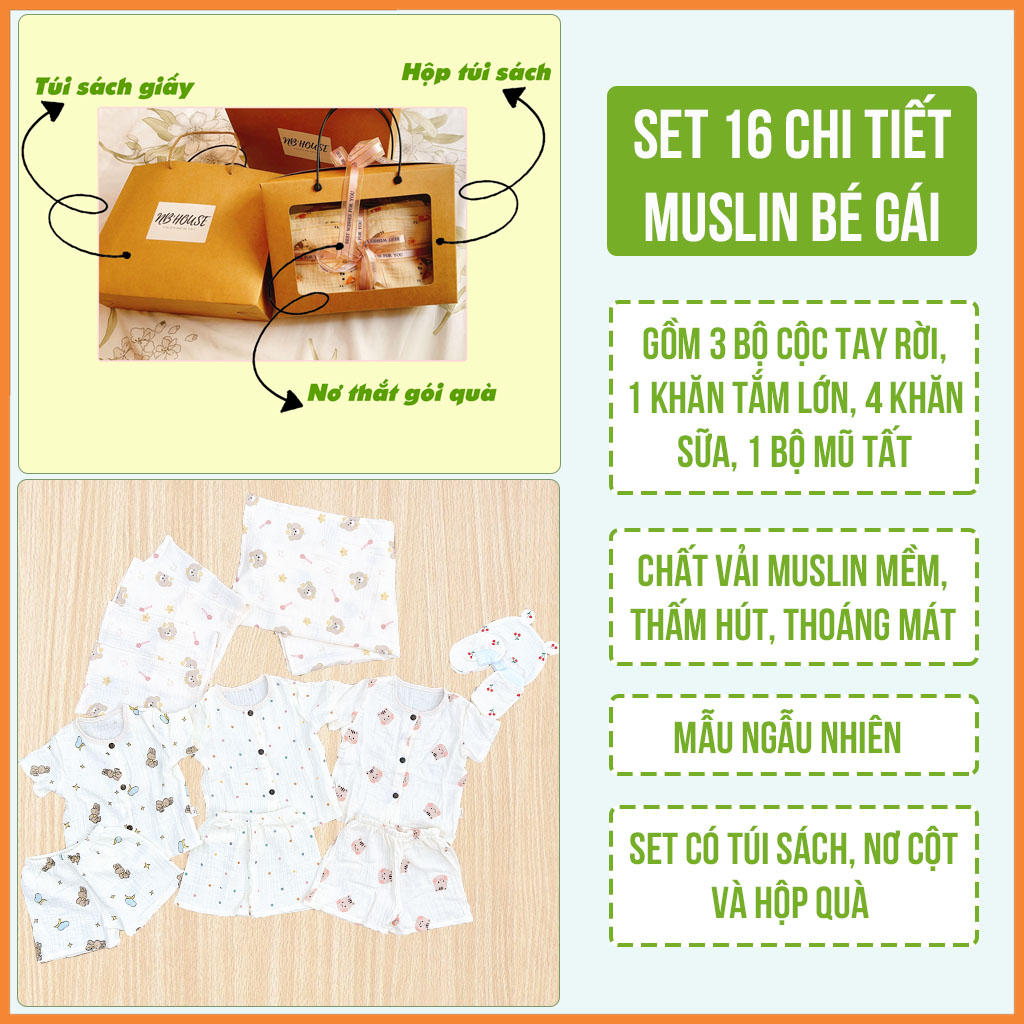 Set Quà Tặng Sơ Sinh Đầy Tháng Chất Muslin 16 Chi Tiết NB House Kids Cho Bé Trai Và Bé Gái