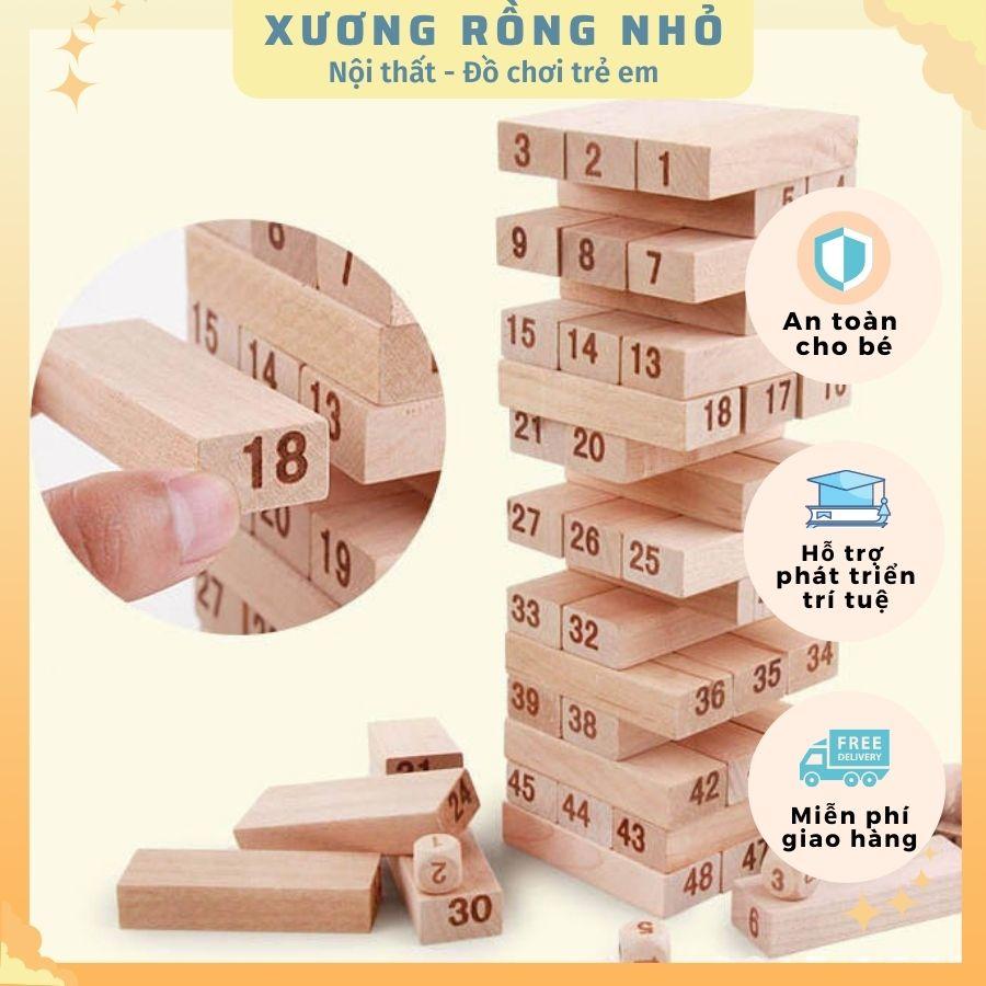 Bộ đồ chơi rút gỗ 48 thanh - kèm 4 xúc xắc gỗ - Xếp Hình Xả Stress bằng gỗ thông tự nhiên