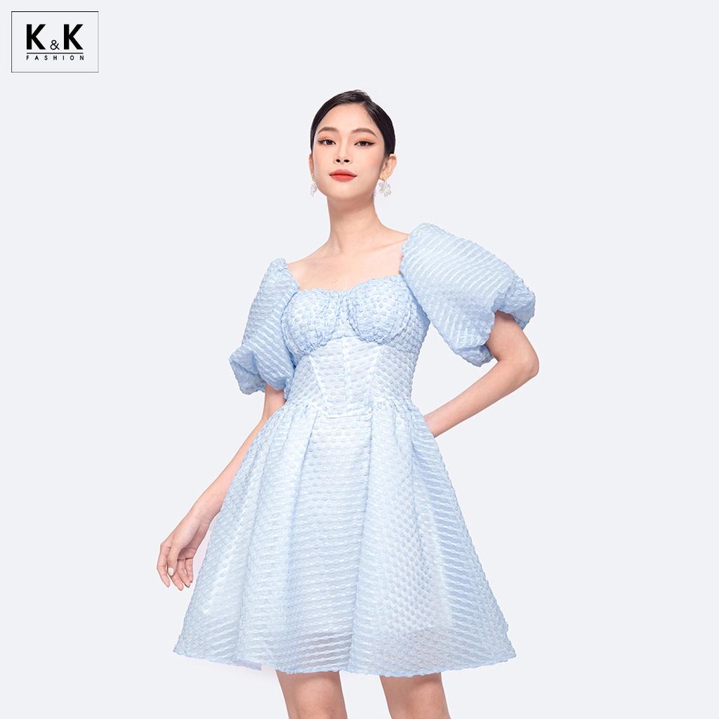 Đầm Xòe Đơn Sắc Tay Phồng Cổ Vuông K&amp;K Fashion HL21-32 Chất Liệu Tơ 3D