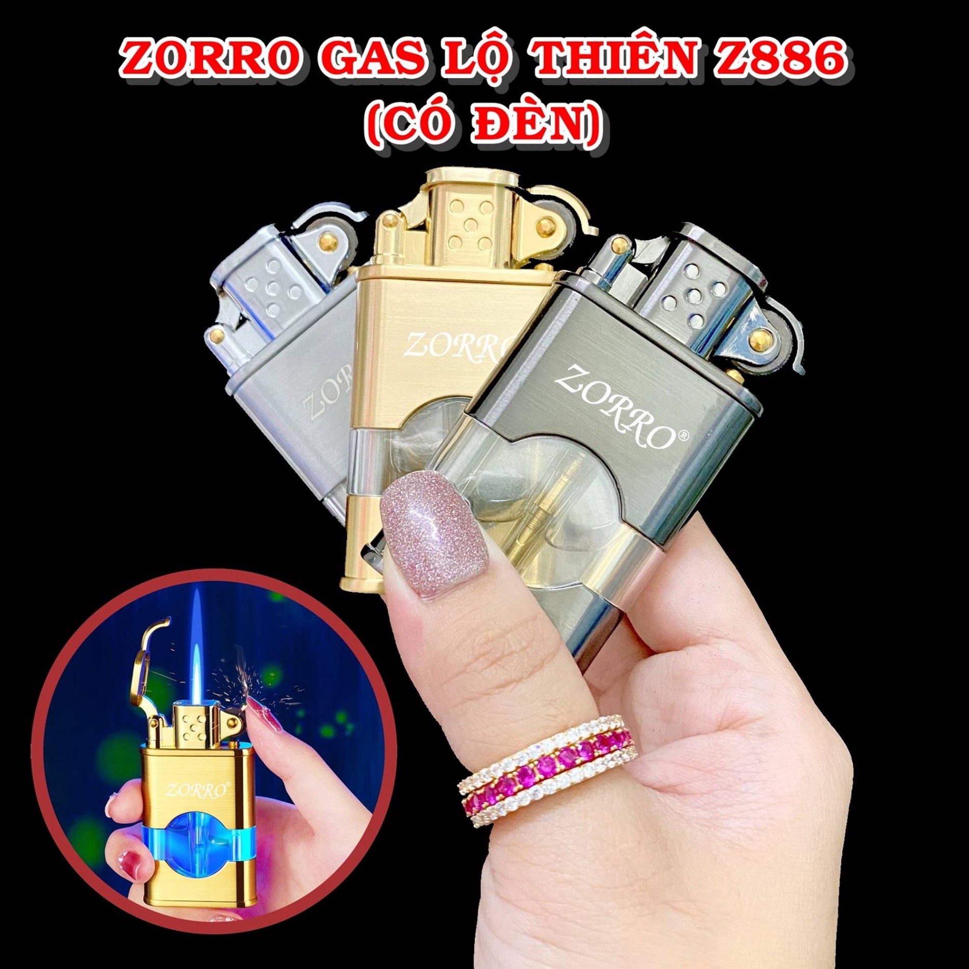 Hột quẹt bật lửa khè ZORRO gas lộ thiên Z886 có đèn - xài gas