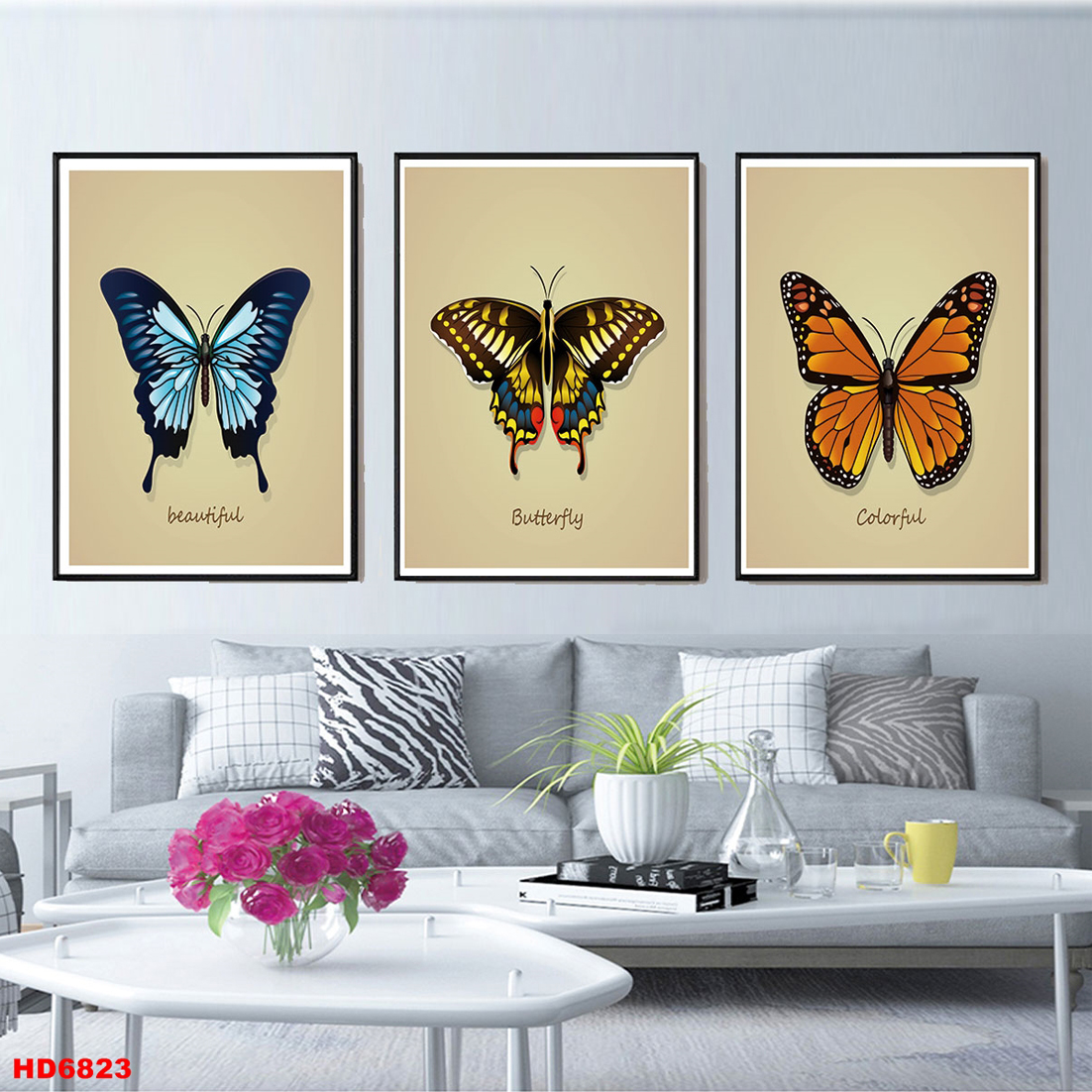 Bộ 3 Tranh Decor Treo Tường Phòng Ngủ - Tranh Canvas 3 Bức Cánh Bướm Sặc Sỡ