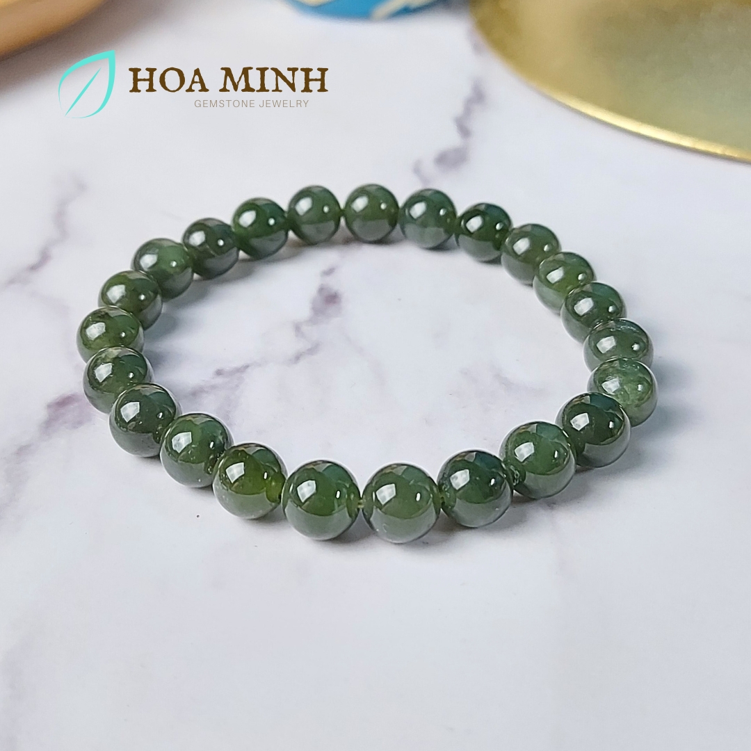 Vòng tay đá Ngọc Bích Nephrite tự nhiên xanh đậm size hạt 7.9 - 8.3 li không kén mệnh