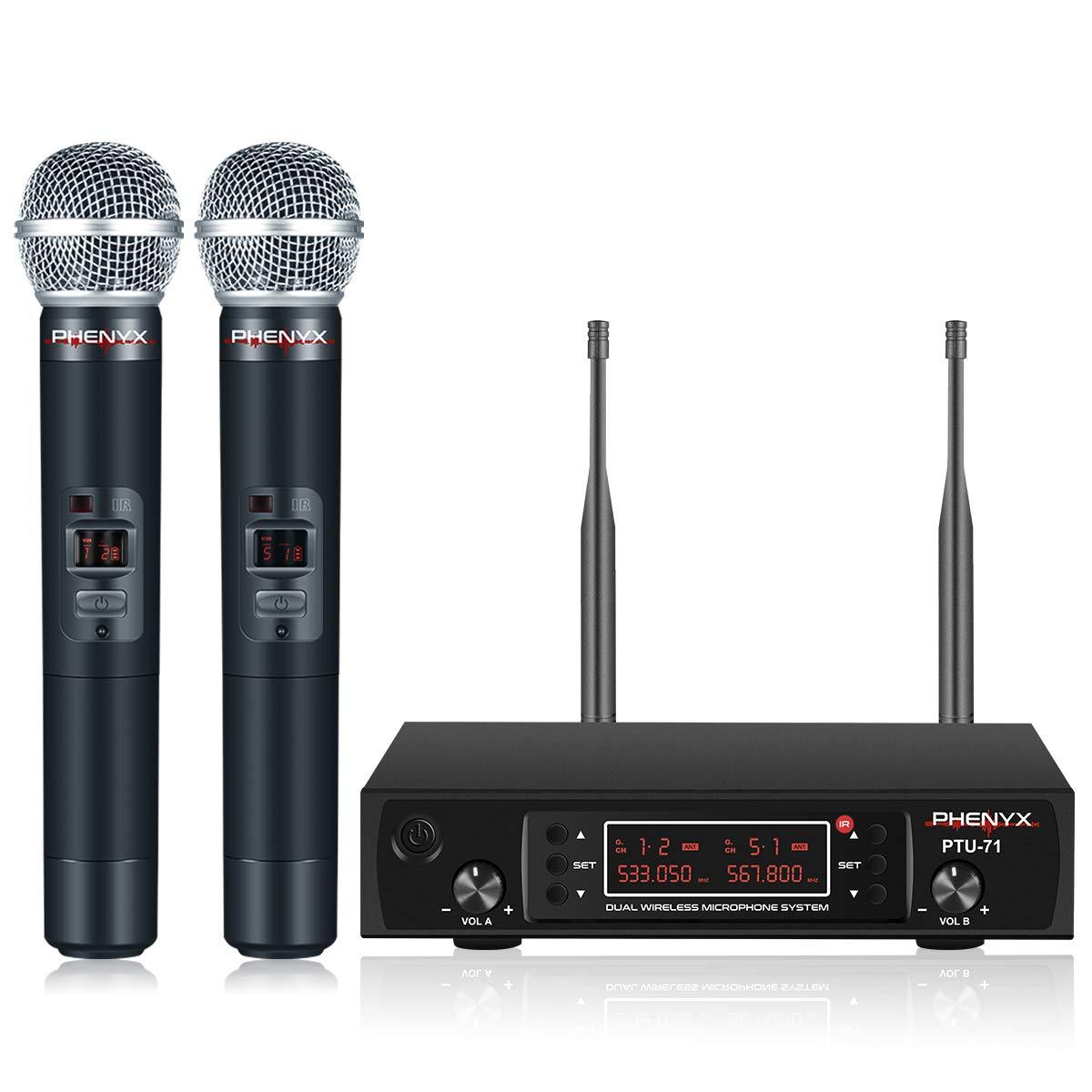 Hệ thống micrô không dây UHF cầm tay kép Phenyx Pro PTU-71A chính hãng với 2x200 kênh (530 - 580MHz)