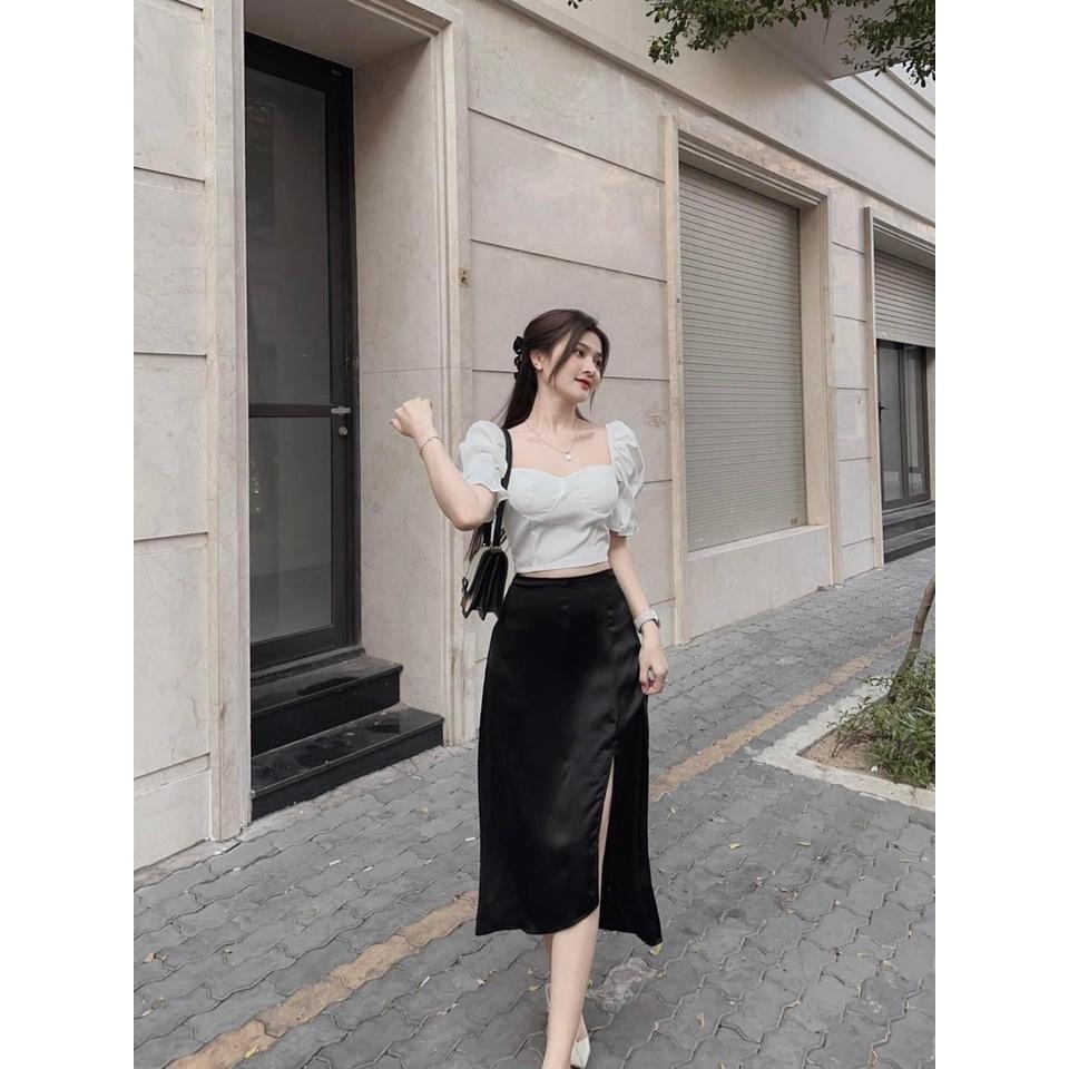 SET ĐI CHƠI, SET 2 MÓN ÁO CROPTOP CỔ VUÔNG TAY NGẮN PHỒNG PHỐI CHÂN VÁY DÀI XẺ CỰC SANH CHẢNH - áo trắng váy đen