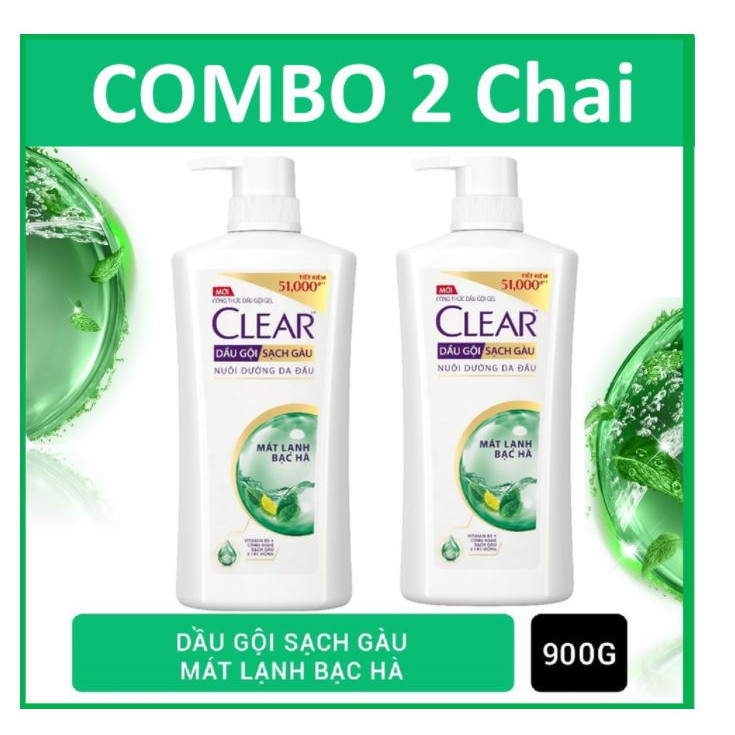 COMBO 2 Chai dầu gội Clear Bạc hà 900g