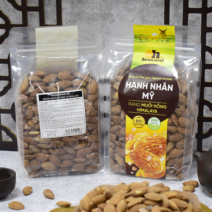 Hạt Hạnh Nhân Tách Vỏ Mỹ Rang Muối Hồng Himalaya Smilenuts _ Trọng lượng 265g/350g/500g - Hạt Hạnh Nhân Smilenuts size 23/25 chuẩn Mỹ, giúp điều hòa cholestero, giòn béo thơm ngon