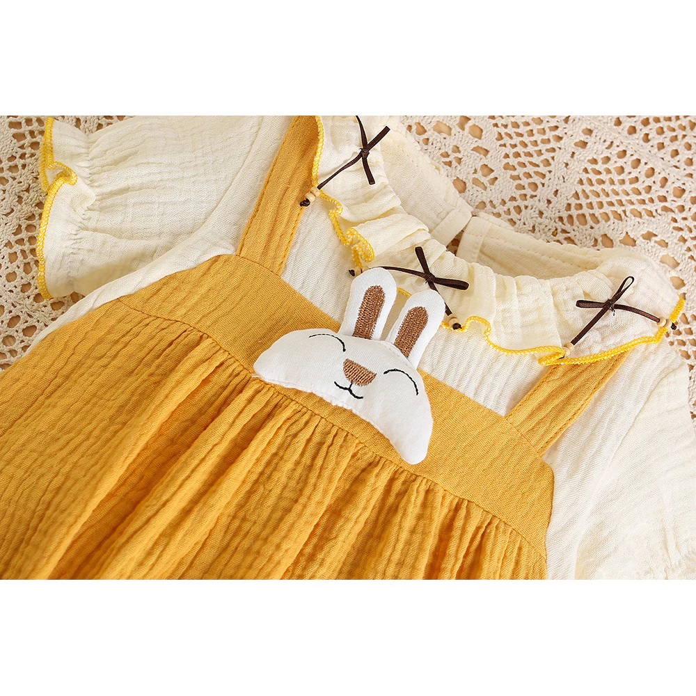 ĐẦM BODY TAY NGẮN CỔ TRÒN GIẢ YẾM THỎ 3D VÀNG CHO BÉ GÁI SƠ SINH 1 2 TUỔI TỪ 5-13KG DÀNH CHO BÉ GÁI