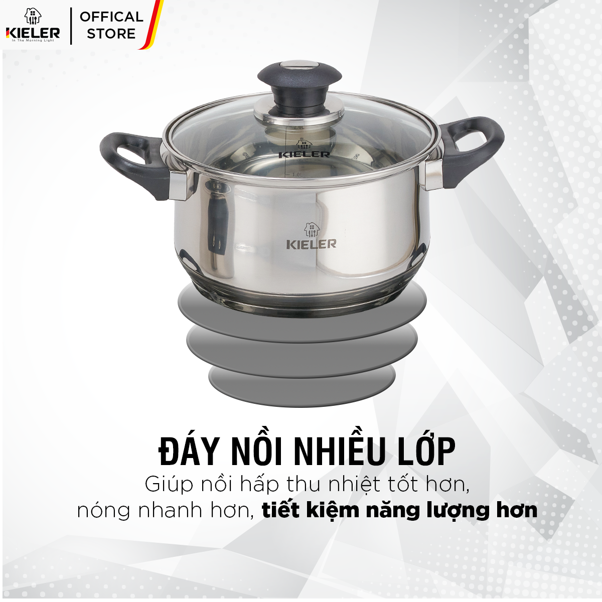 Nồi Inox 5 đáy KIELER đáy từ 20cm nấu nhanh, tiết kiệm điện, có 2 lớp chống dính Whitford ít bám dầu mỡ RW1222-20