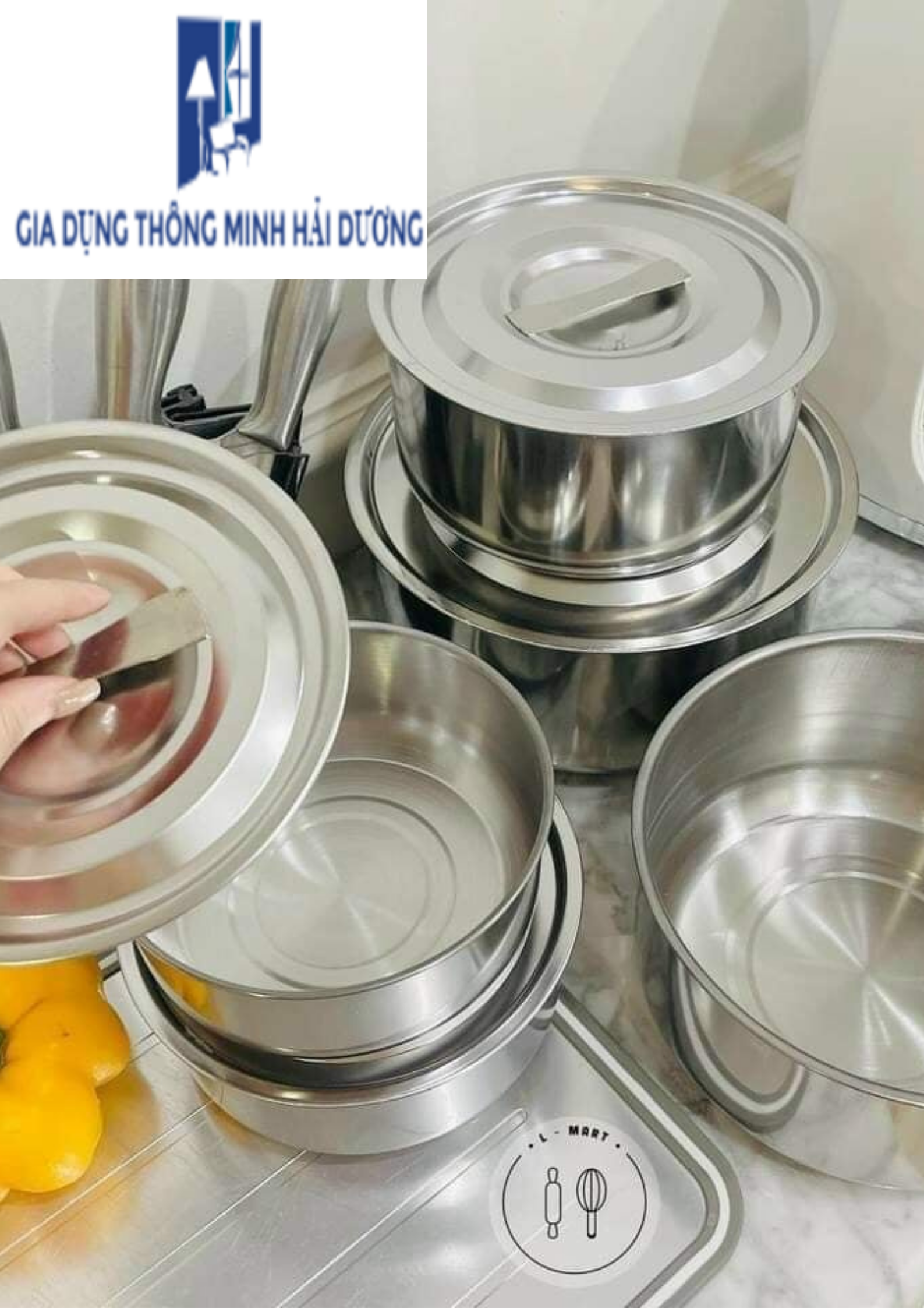 Sét 5 nồi bát inox sáng bóng không có quai, kích thước khác nhau