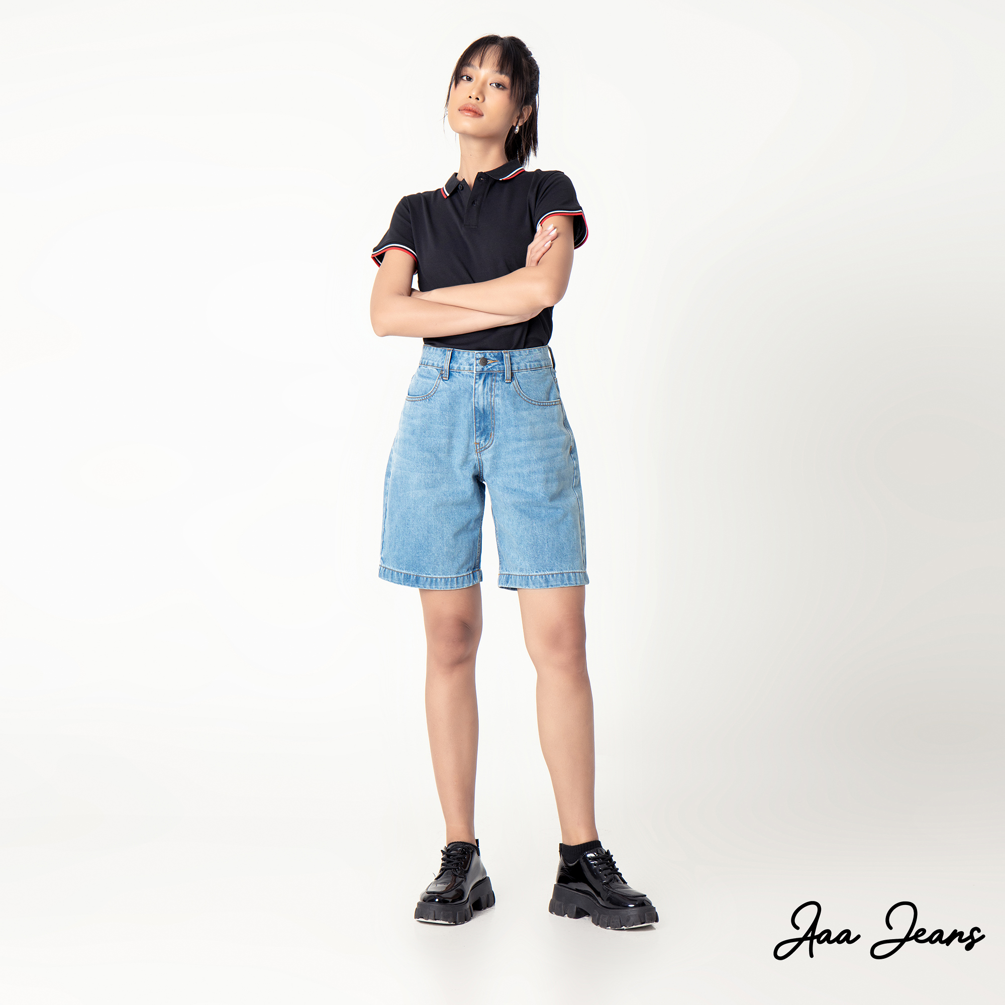 Quần short jean nữ lưng cao ngang gối Aaa Jeans Light Blue