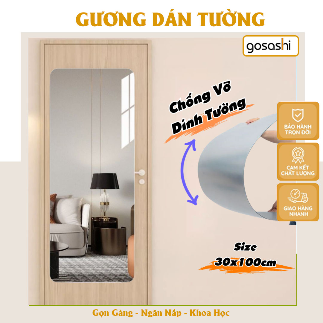 Gương Soi Toàn Thân Dán Tường Chống Vỡ Gương Kính Nguyên Khối Dán Tủ Cửa Nhà Tắm Nguyên Khối Cao Cấp Size 30x100cm