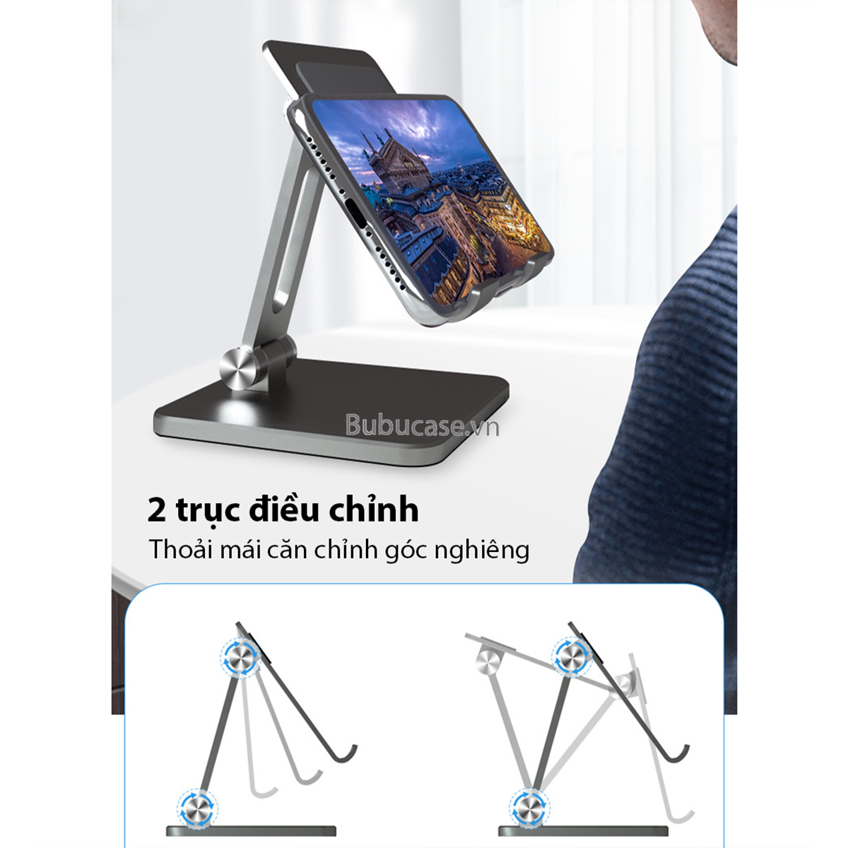 Giá Đỡ Để Bàn Khung Hợp Kim Nhôm Cao Cấp Cho iPad, Máy Tính Bảng, Điện Thoại Di Động - Hai Trục Xoay 180 Độ Linh Hoạt, Đệm Chống Trượt Điện Thoại, Chống Đổ