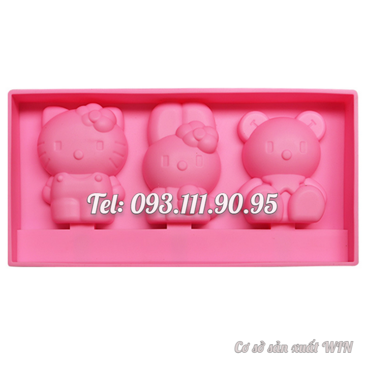 Khuôn silicon làm rau câu, làm kem, socola 3 con thỏ, mèo Kitty, gấu con – Mã số 1422