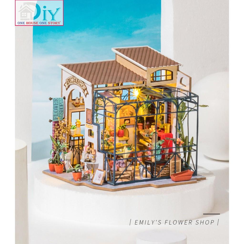 Mô hình nhà tự lắp ráp bằng gỗ Dollhouse EMILY'S FLOWER SHOP -  mã DG145 (Kèm nhíp + keo)