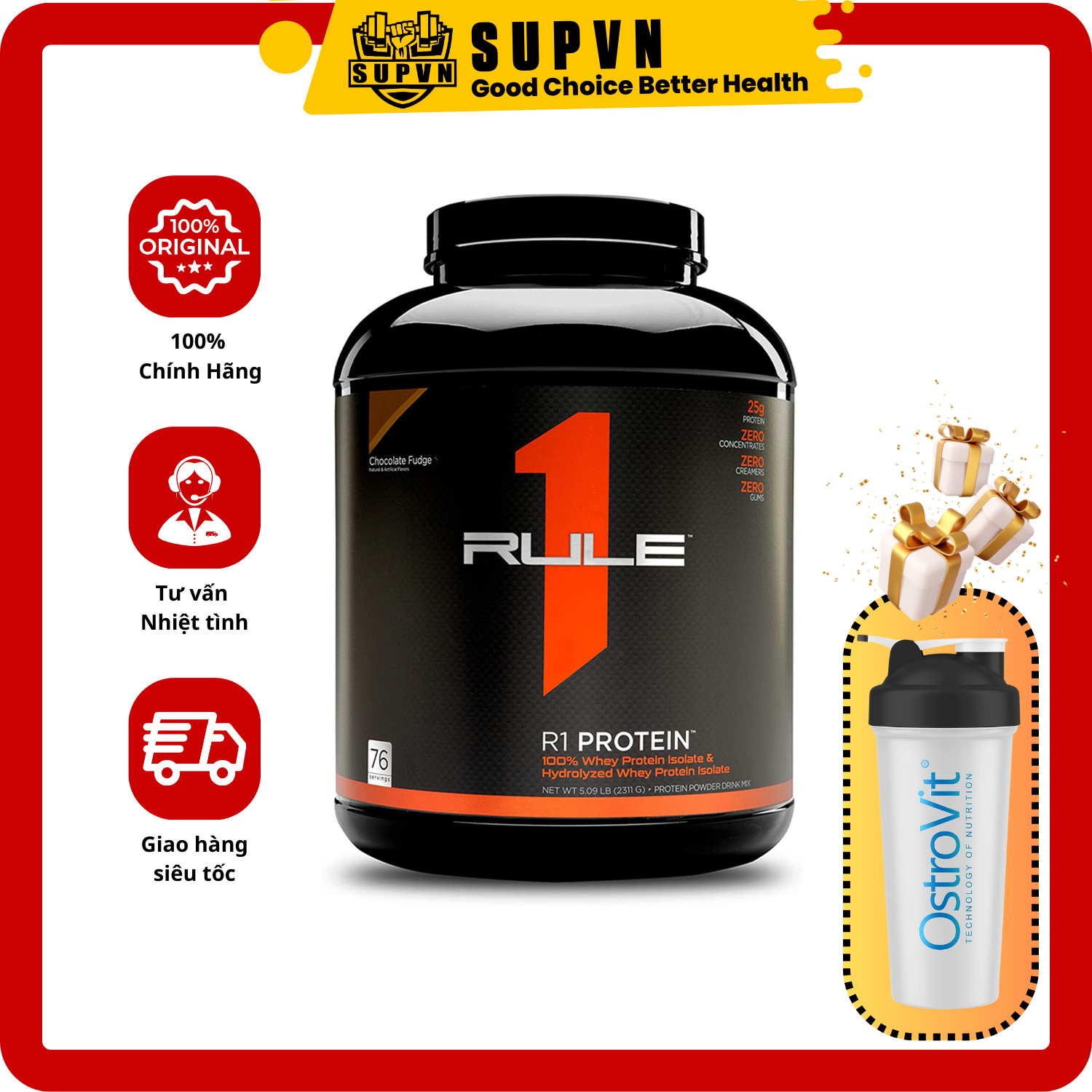 Rule 1 Protein Isolate 5Lbs - Sữa Tăng Cơ Rule1 - Whey Protein R1 - Chocolate Fudge - Không Kèm Bình Lắc