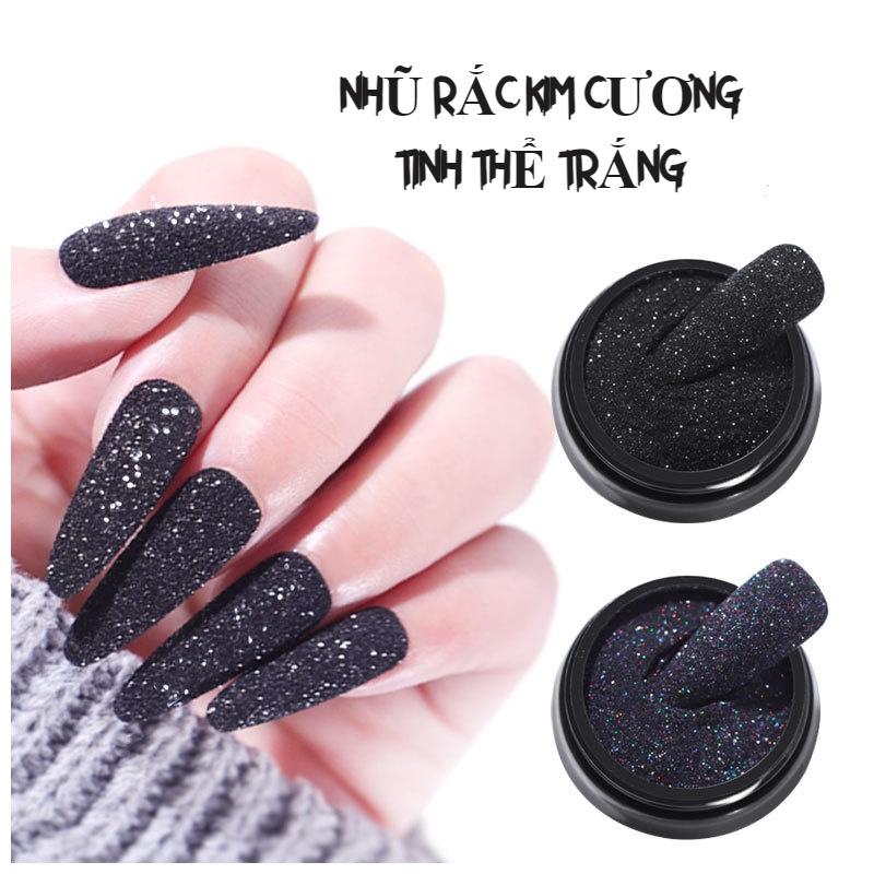 Nhũ rắc móng nail đen trắng tinh thể màu, hũ nhũ cát nail kim cương mịn ánh màu kim tuyến