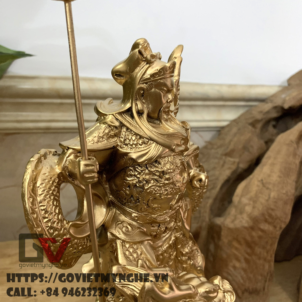 [Tượng Quan Công] Tượng đá trang trí phong thủy tượng Quan Công cầm đao cưỡi rồng - Cao 25cm - Màu nhũ đồng