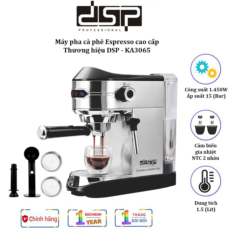 Máy pha cà phê Espresso nhãn hiệu DSP KA3065 - Áp suất 15 bar,  có công suất hoạt động mạnh mẽ lên đến 1450W - HÀNG NHẬP KHẨU