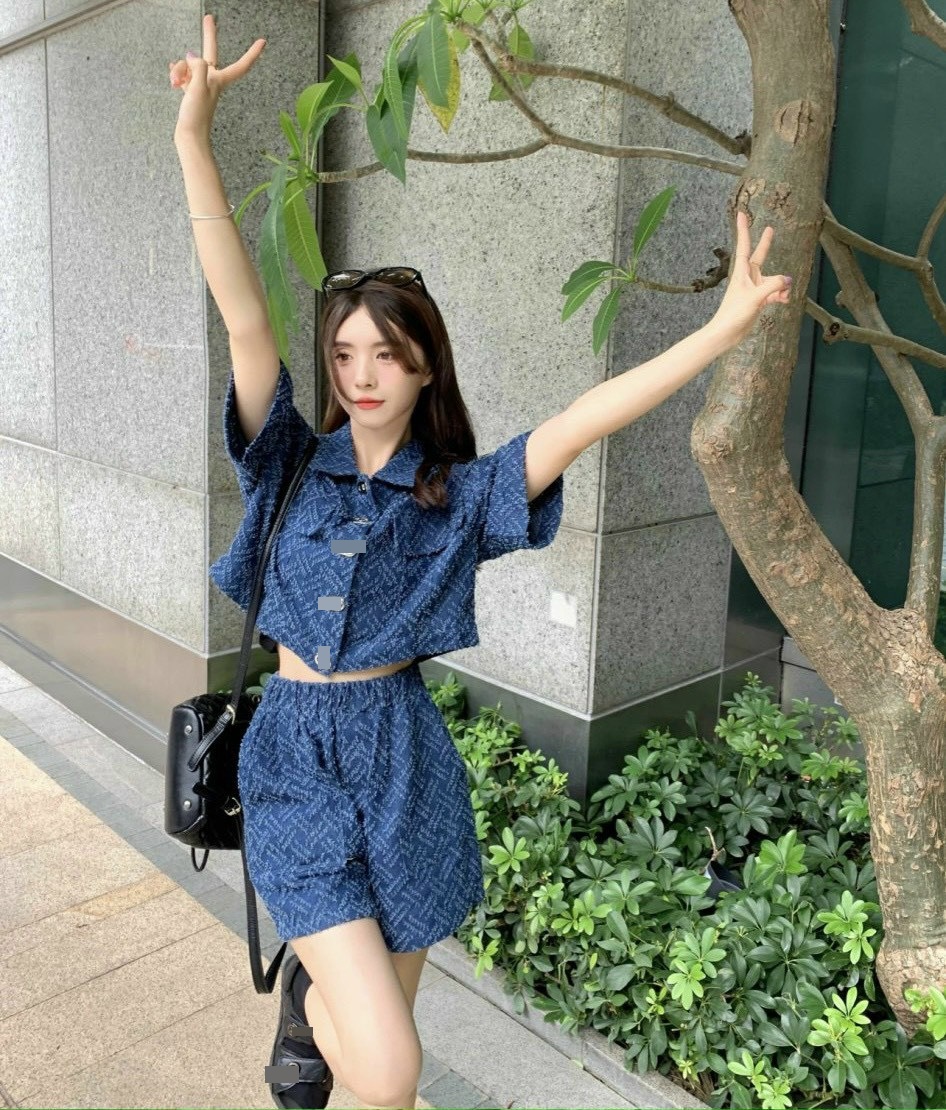 SET ÁO SƠ MI CROPTOP TAY NGẮN SUÔNG RỘNG DENIM JEANS + QUẦN NGẮN SHORTS ỐNG RỘNG LƯNG CAO ĐI CHƠI DẠO PHỐ ĐI BIỂN