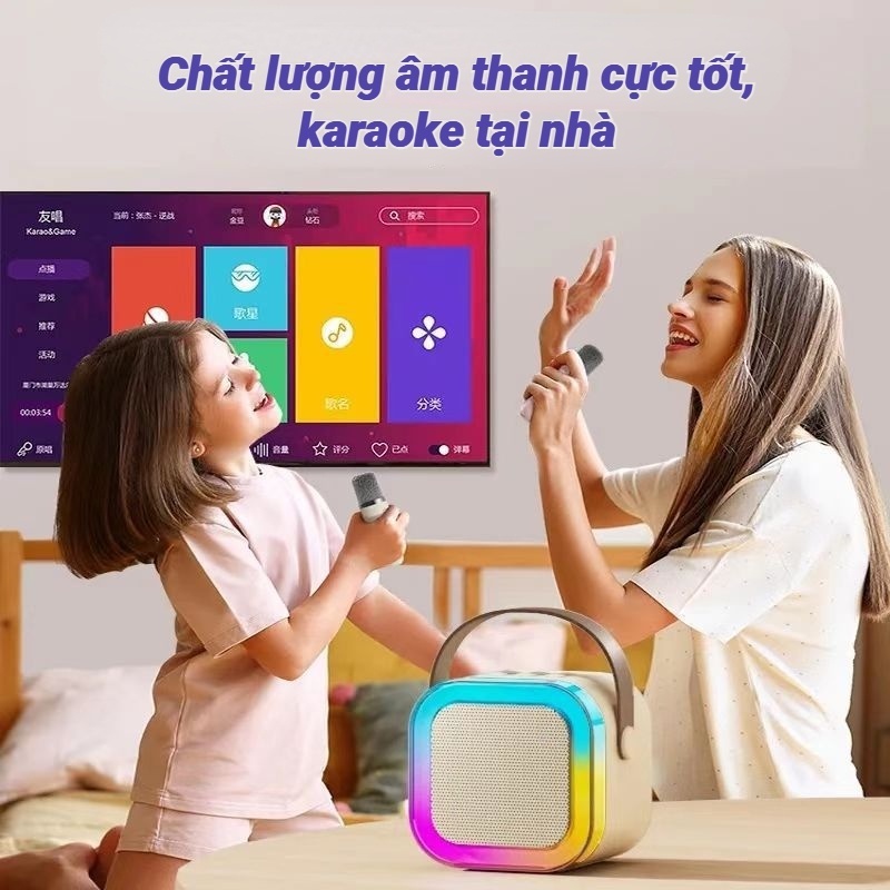 Loa bluetooth mini tặng kèm 2 mic hát karaoke, loa karaoke không dây âm thanh bass hay cùng đèn led có bảo hành - Hàng chính hãng