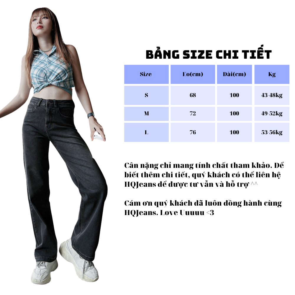Quần Jeans ống suông đứng cạp cao dáng dài 2 màu đen và xám HQJEANS