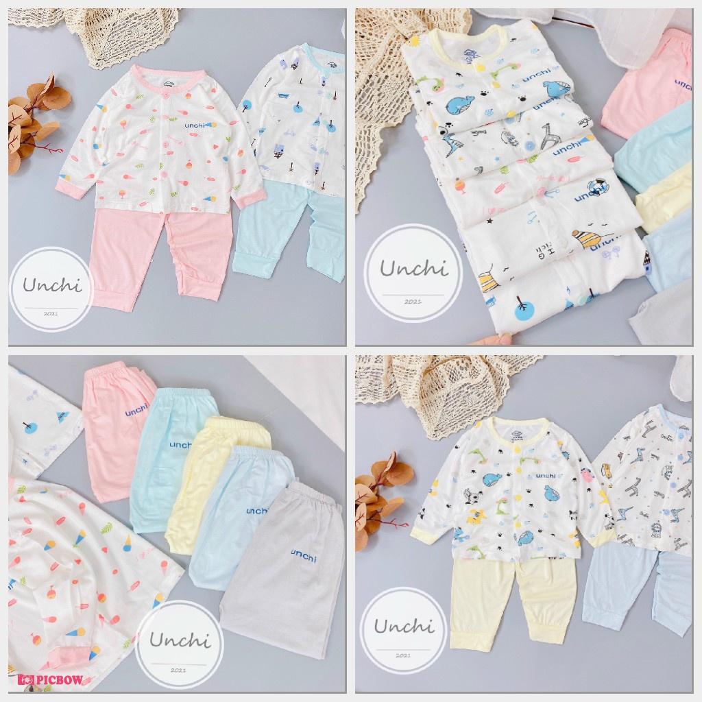 Bộ dài tay cho bé UNCHI cho bé trai bé gái sơ sinh cổ màu cúc giữa chất peptit mềm mịn trẻ 3,4,5,6,7,8,9,10,11,12 tháng