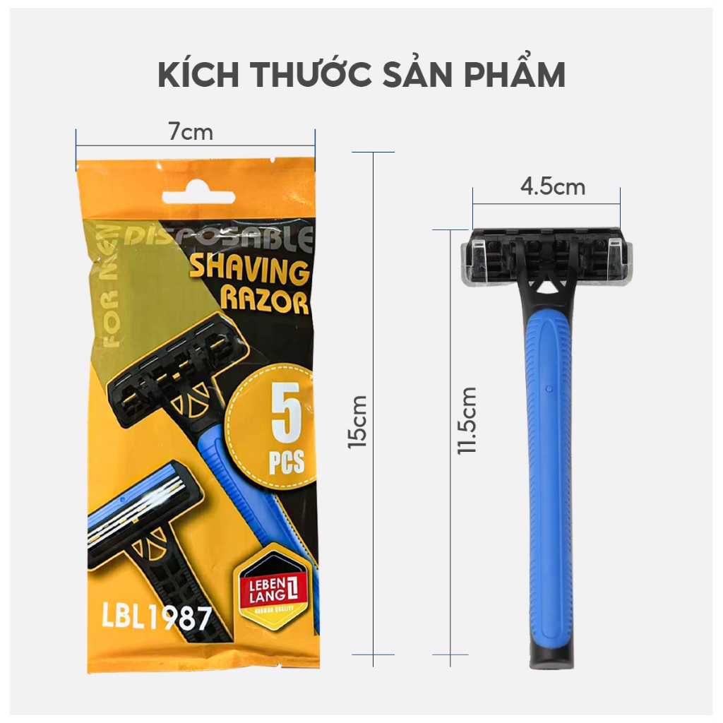 Dao cạo râu 3 lưỡi Lebenlang LBL1987, tay cầm chống trơn trượt, lưỡi dao chứa Gel lô hội và vitamin E, 5 cái - hàng chính hãng