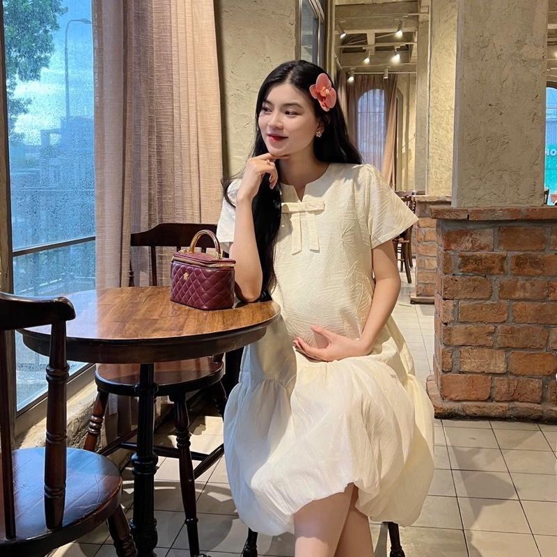 Đầm bầu tiểu thư vải gấm lụa gân 3D thanh lịch, trong trẻo cho mẹ bầu - Hồng
