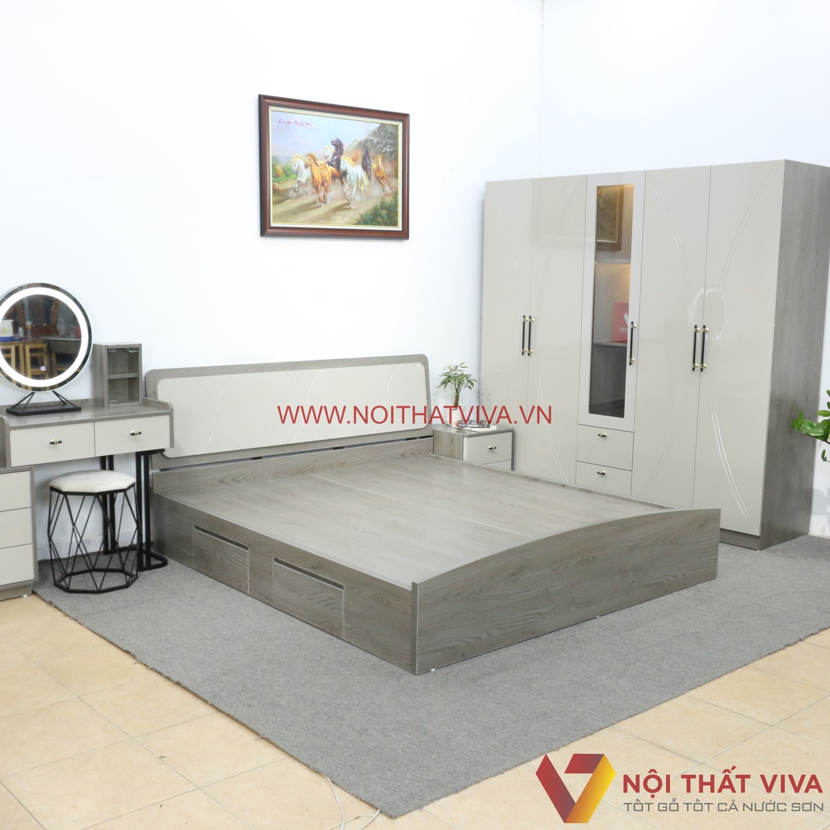 Combo Decor Phòng Ngủ Hiện Đại Chạm Hoạ Tiết Màu Xám Cao Cấp Đẹp