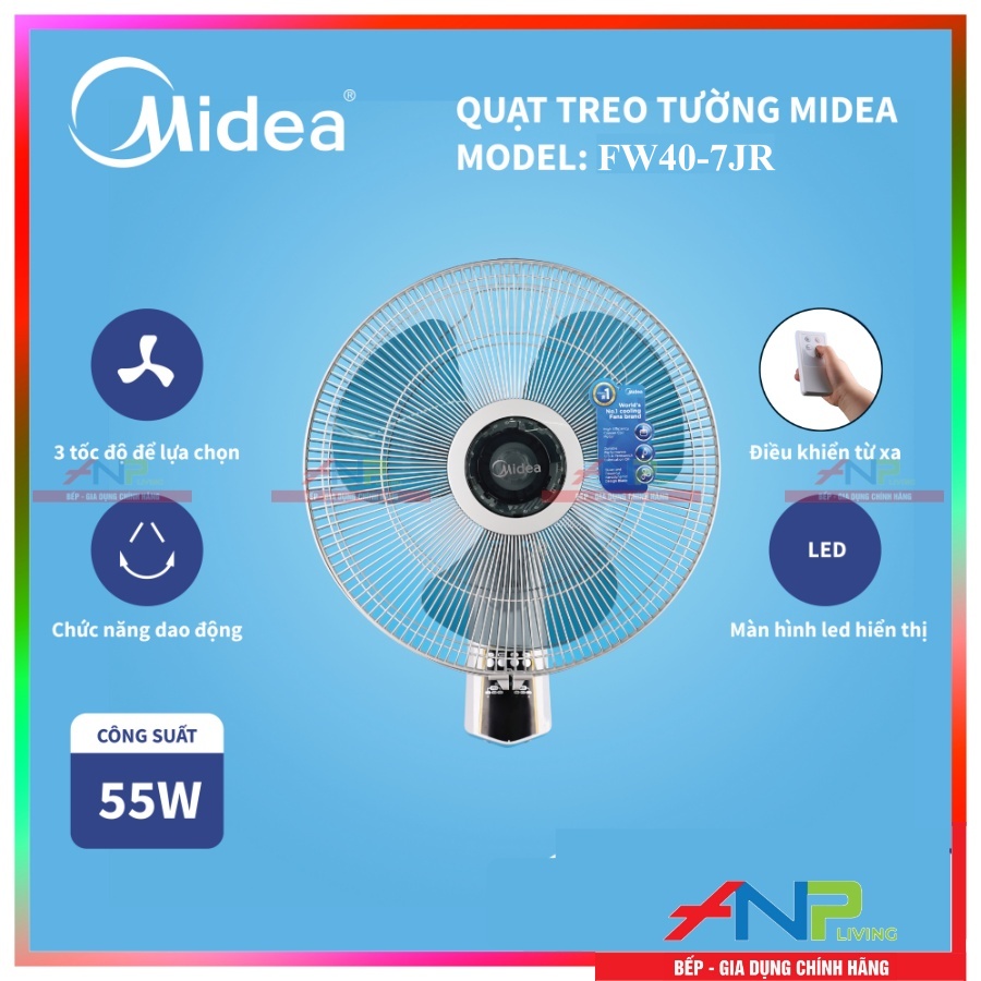 Quạt Treo Tường 3 Cánh Midea FW40-7JR (Quạt Điện Công Suất 55W, Chỉnh Gió 3 Tốc Độ, Có Điều Khiển Từ Xa)