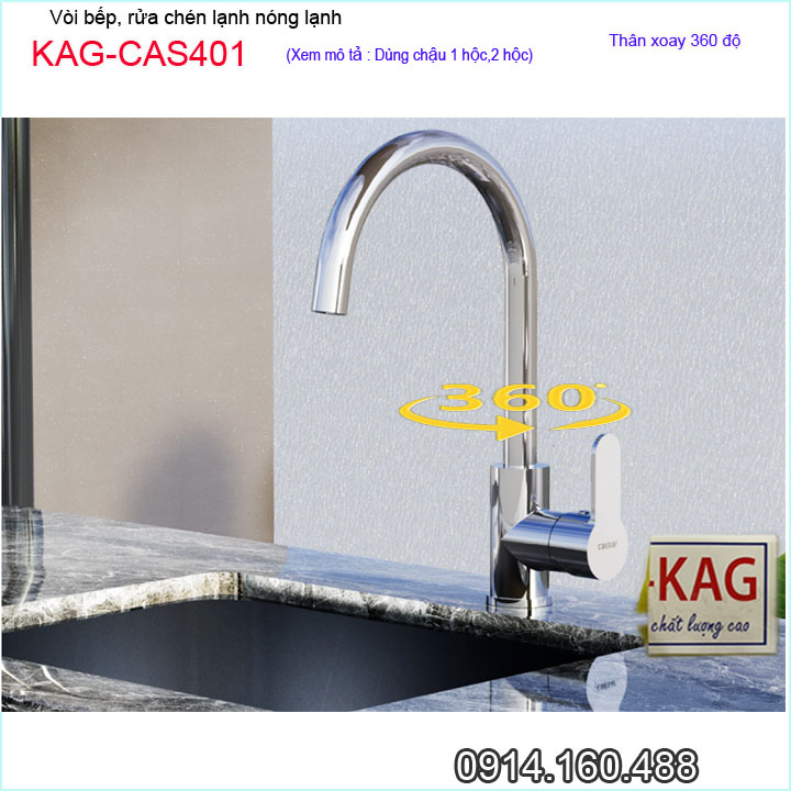 Vòi bếp nóng lạnh KAG-CAS401 thân tròn cao cấp, Vòi chậu rửa chén bát cần cong xoay 180 độ chất lượng tốt sử dụng siêu bền