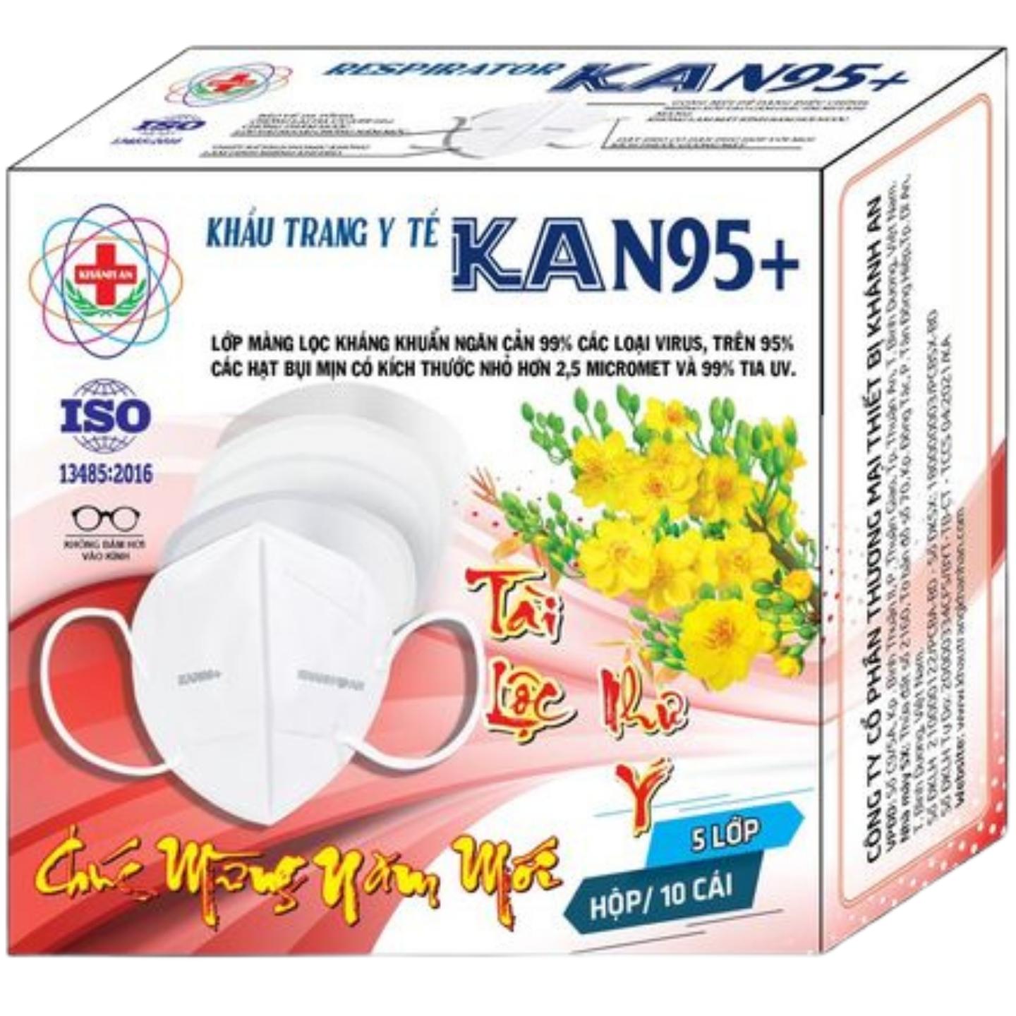 Khẩu trang y tế 5 lớp N95+ KHÁNH AN KAN95+ kháng khuẩn màng lọc ngăn 95% bụi mịn nhỏ hơn 2.5 micromet và 99% tia UV, có đệm xốp không bám hơi kính