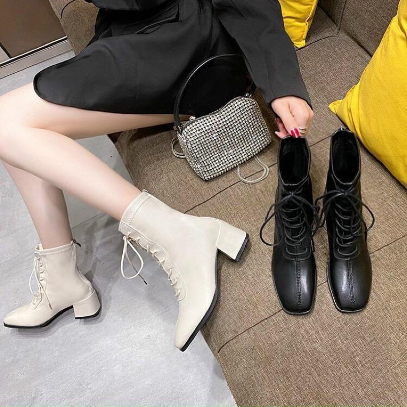 Giày Bốt Đế Vuông Cổ Lửng Buộc Dây 2 Dáng Phong Cách Thời Trang