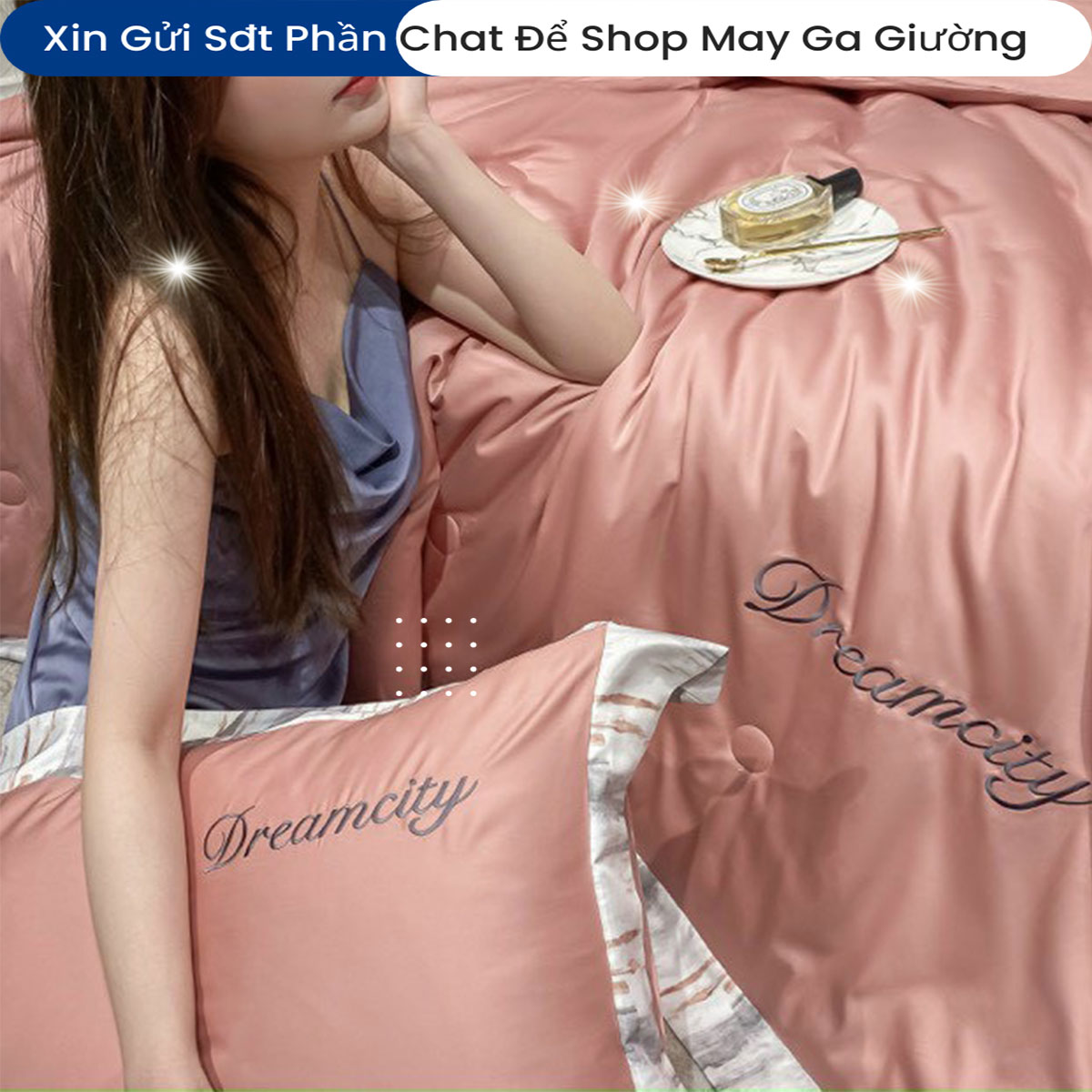 Bộ Chăn Ga Gối Đệm 5 Món Phi Lụa Tencel Dream City Cao Cấp Chuẩn Khách Sạn 5 Sao Bộ Drap Ra Ga Nệm Trải Giường ( Xin gửi shop chiều cao nệm )