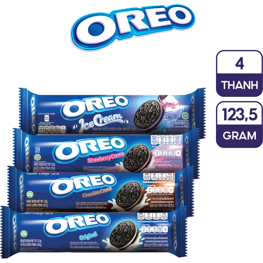 Combo 4 thanh bánh quy Oreo vị vani, choco, kem lạnh việt quất và dâu, 123.5g x 4