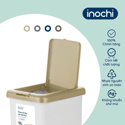 Thùng rác đạp chữ nhật Inochi- Hiro 15L (loại kèm ruột) Thân màu Trắng kem+ Nắp Ghi/Xanh/Nâu/Be