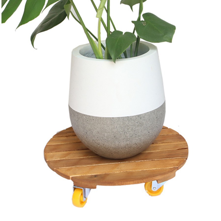 Đế lót chậu Greenhome bằng gỗ có bánh xe Tròn R40cm (màu vàng) chịu lực 180kg-Di chuyển các chậu cây một cách dễ dàng