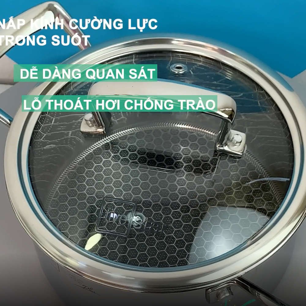 Bộ 4 nồi và 1 chống dính BlackCube 3 lớp đáy liền inox 304 Fivestar Plus nắp kính công nghệ chống trầy xước, dùng được mọi bếp