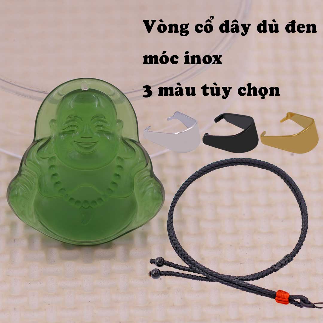 Mặt Phật Di lặc Pha lê xanh lá 3.6 cm kèm vòng cổ dây dù đen + móc inox vàng, mặt dây chuyền Phật cười