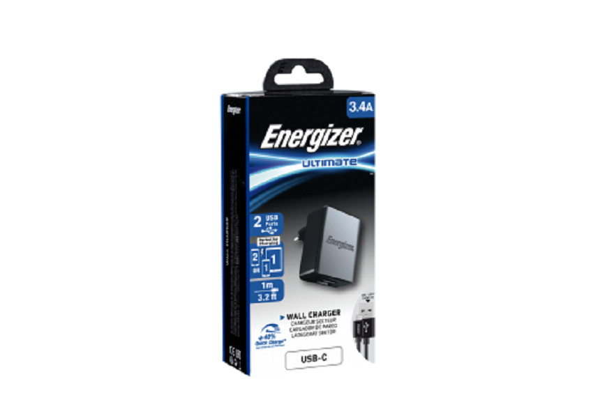 Sạc Energizer 3.4A 2USB kèm cáp USB-C2.0 màu đen - ACA2CEUUC23 - Hàng Chính Hãng