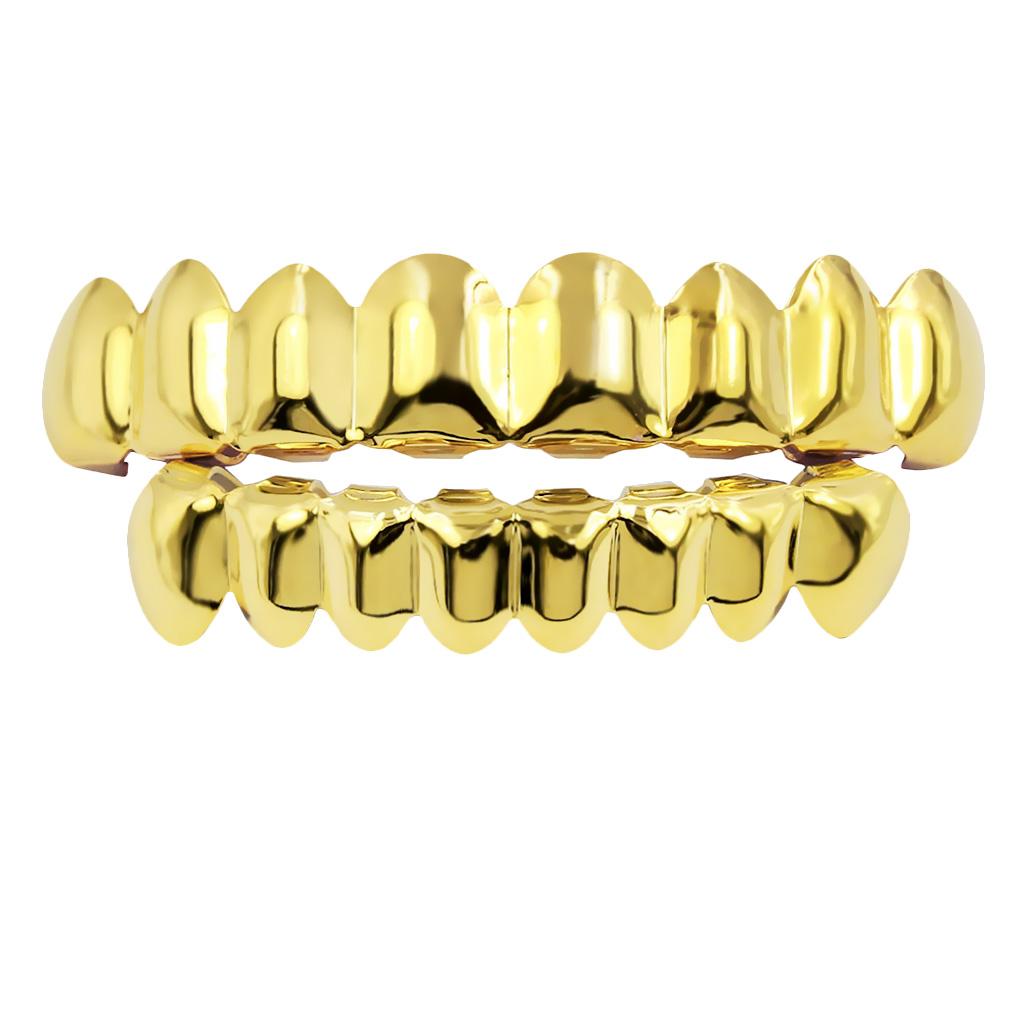 2 Pcs Metal 18k Gold Plain Grills Teeth Caps Top + Bottom Teeth Cosplay Vampire